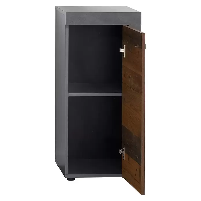 Trendteam Indy Unterschrank - 36 x 31 x 81 cm, Matera/Old Wood - Dunkelgrauer Schrank mit offener Holztür und einem Innenregal.