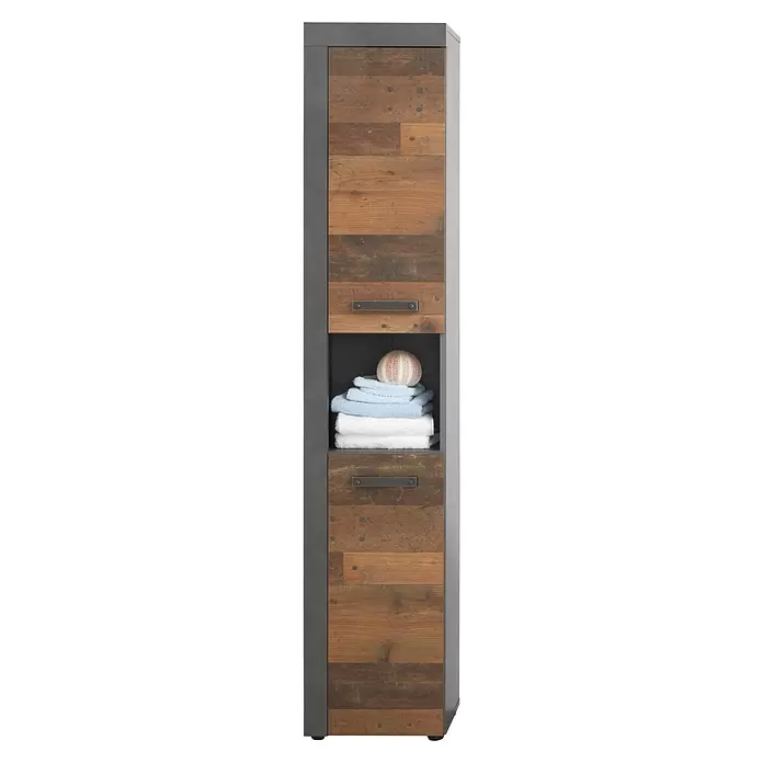 Trendteam Indy Hochschrank - 36 x 31 x 184 cm, Matera/Old Wood - Hoher Badschrank in Anthrazit und rustikaler Holzoptik mit Metallgriffen. Offenes Fach mit Handtüchern.
