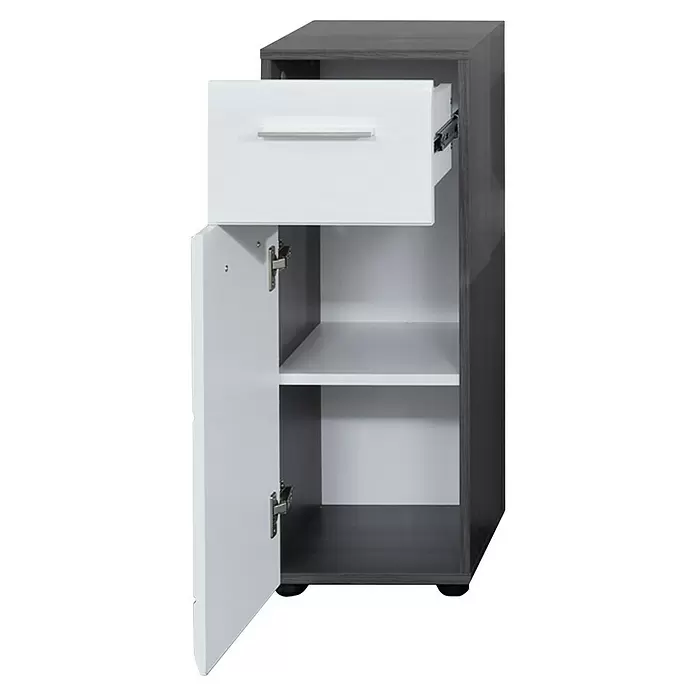 Trendteam Line Unterschrank - 30 x 31 x 80 cm, Sardegna Silber/Weiß - Kleiner grauer Holzschrank mit einer weißen Schublade und einer Tür, die zwei Regale zeigt.