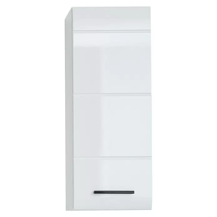 Trendteam Skin Hängeschrank - 30 x 23 x 77 cm, Weiß - Glänzender weißer Wandschrank mit horizontalen Rillen und schwarzem Griff.
