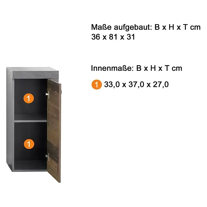 Trendteam Indy Unterschrank - 36 x 31 x 81 cm, Matera/Old Wood - Hoher grauer Schrank mit Betonoptik-Platte und einer Holztür, offenbart zwei schwarze Fächer mit angegebenen Innenmaßen.
