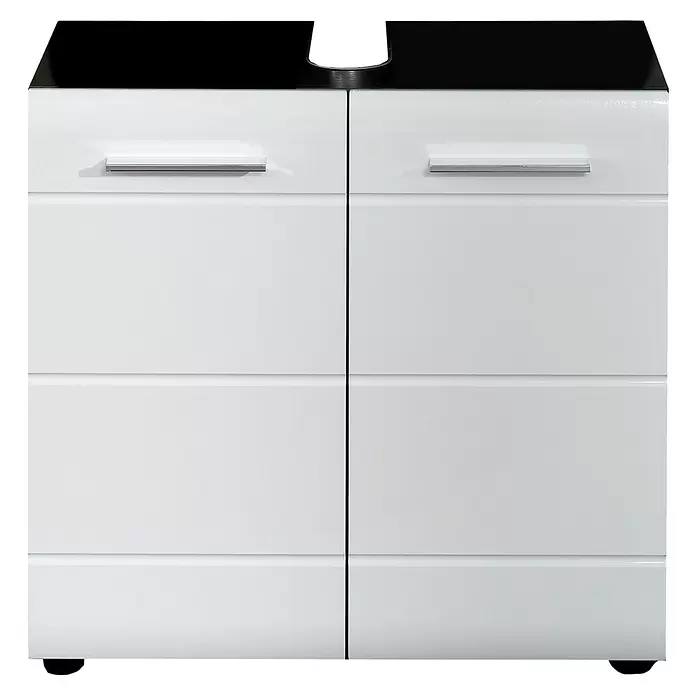 Trendteam Line Waschtischunterschrank - 60 x 31 x 57 cm, Sardegna Silber/Weiß, Glänzend - Weißer Badezimmerschrank mit schwarzer Platte und Waschtischausschnitt. Zwei Schubladen mit Chromgriffen und unterer Stauraum.