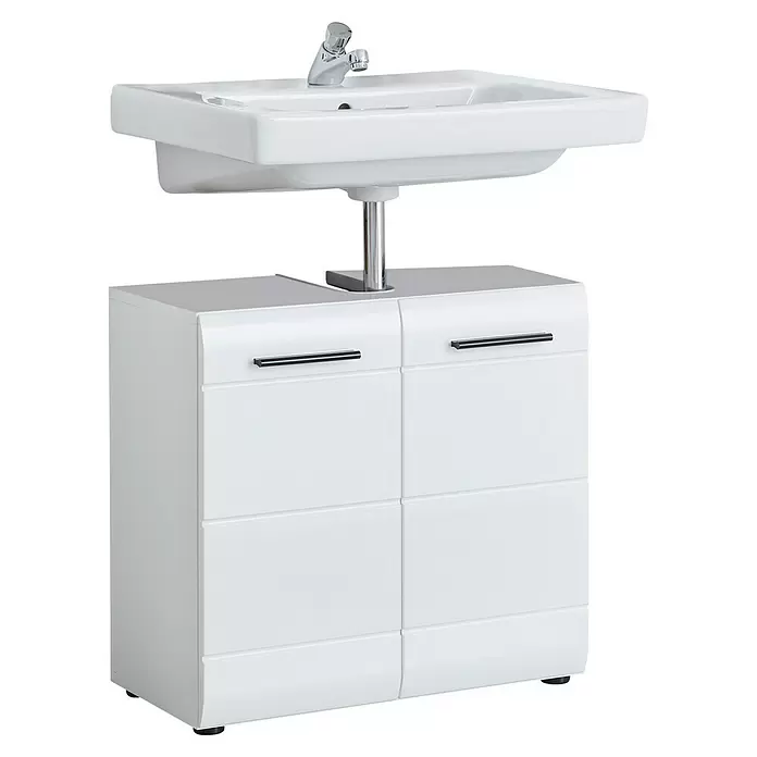Trendteam Skin Waschtischunterschrank - 60 x 31 x 56 cm, Weiß, Glänzend - Weißes Keramik-Waschbecken mit Chrom-Armatur, integriert in einen weißen Schrank mit zwei Türen und schwarzen Griffen.