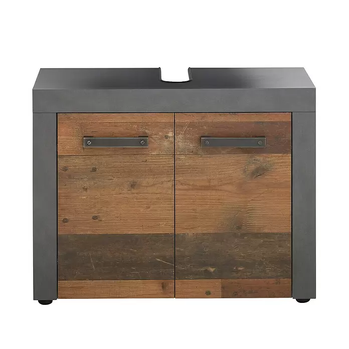Trendteam Indy Waschtischunterschrank - 72 x 34 x 56 cm, Matera/Old Wood, Matt - Industrieller Waschtischunterschrank mit grauer Betonoptik-Platte und Rahmen, zwei Türen aus Altholz mit dunklen Metallgriffen.