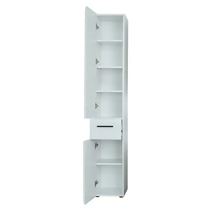 Trendteam Skin Hochschrank - 30 x 31 x 182 cm, Weiß - Weißer Schrank mit offenen Türen, der interne Regale und eine teilweise geöffnete Schublade mit schwarzem Griff zeigt.