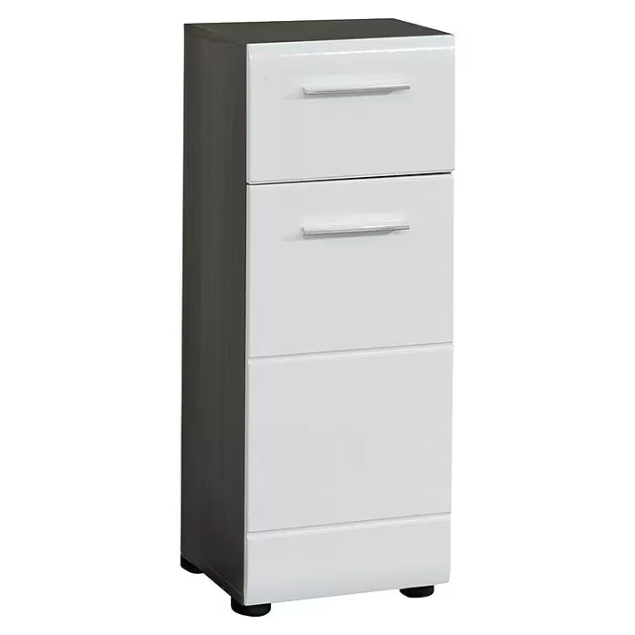 Trendteam Line Unterschrank - 30 x 31 x 80 cm, Sardegna Silber/Weiß - Hoher, schmaler Schrank mit dunkelgrauer Holzoptik-Seite und glänzender weißer Front, mit zwei Schubladen und zwei weiteren Fächern.