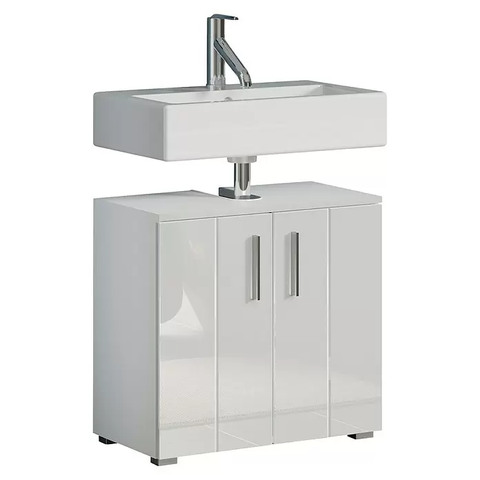 Trendteam Wons Waschtischunterschrank - 60 x 34 x 58 cm, Weiß, Glänzend - Weißer Badschrank mit integriertem rechteckigem Waschbecken und Chromarmatur.