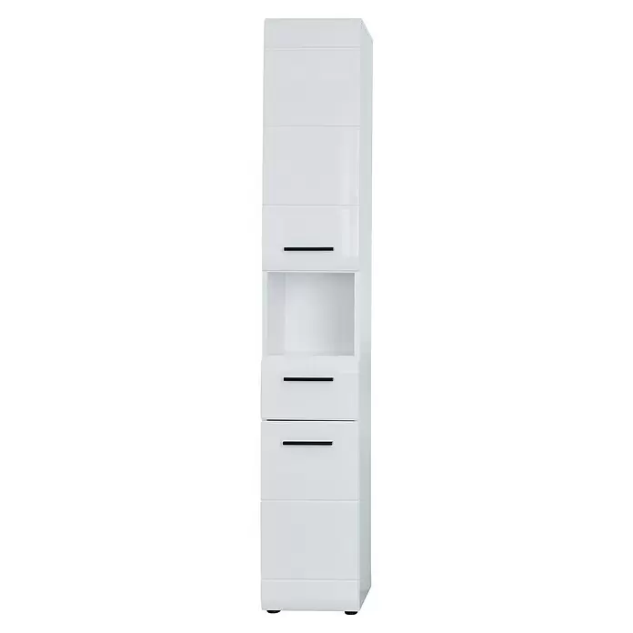 Trendteam Skin Hochschrank - 30 x 31 x 182 cm, Weiß, Mit offenem Fach - Weißer Hochschrank mit fünf geschlossenen Fächern, einem offenen Regal und drei schwarzen Griffen, ideal zur Aufbewahrung.