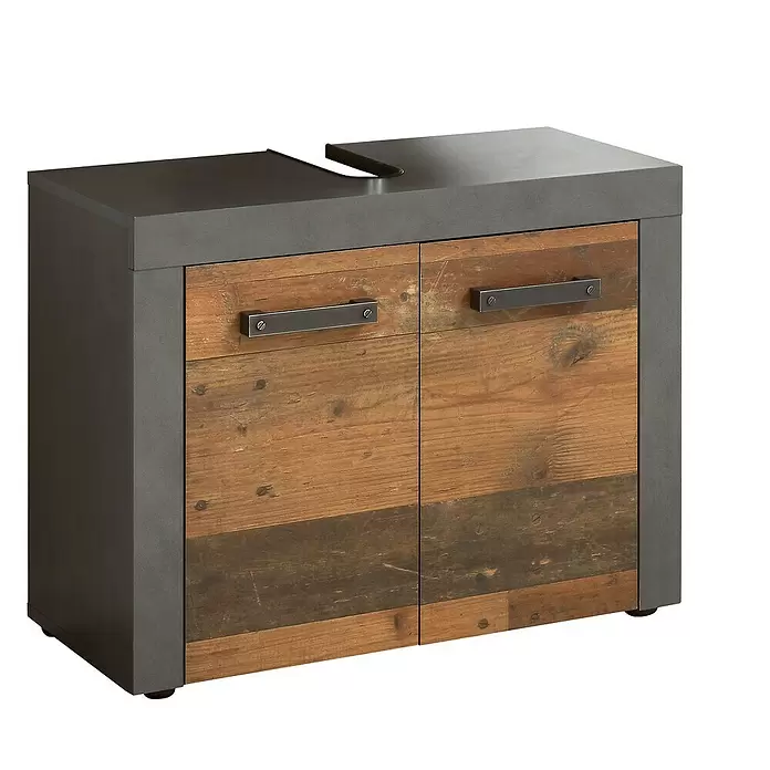 Trendteam Indy Waschtischunterschrank - 72 x 34 x 56 cm, Matera/Old Wood, Matt - Dunkelgrauer Waschtischunterschrank mit rustikalen Holztüren, Metallgriffen und Waschtisch-Aussparung.