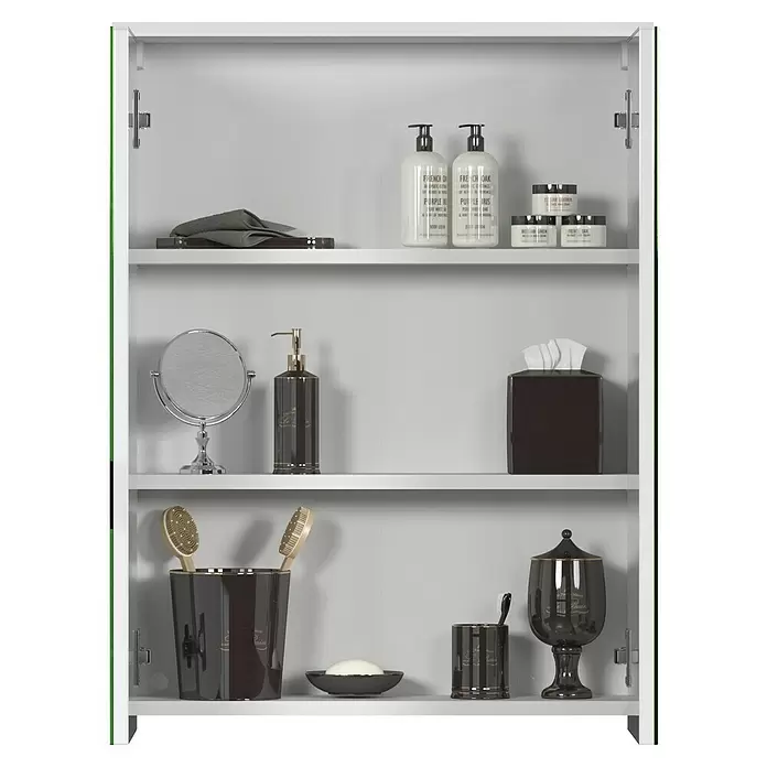 Trendteam Wons Spiegelschrank - B x H: 60 x 78 cm, Ohne Beleuchtung, Holz - Weißer Badezimmerschrank mit dunkelbraunen und goldenen Toilettenartikeln, Bürsten, Spiegel und weißen Cremetiegeln.