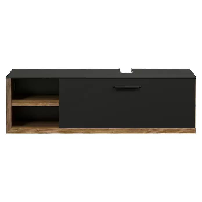 Trendteam Synnax Waschtischunterschrank - 120 x 45 x 36 cm, Coast Evoke Eiche/Anthrazit, Matt - Dunkelgraue Medienkonsole mit Holzrahmen, offenen Regalen, geschlossenem Fach und Kabelaussparung.
