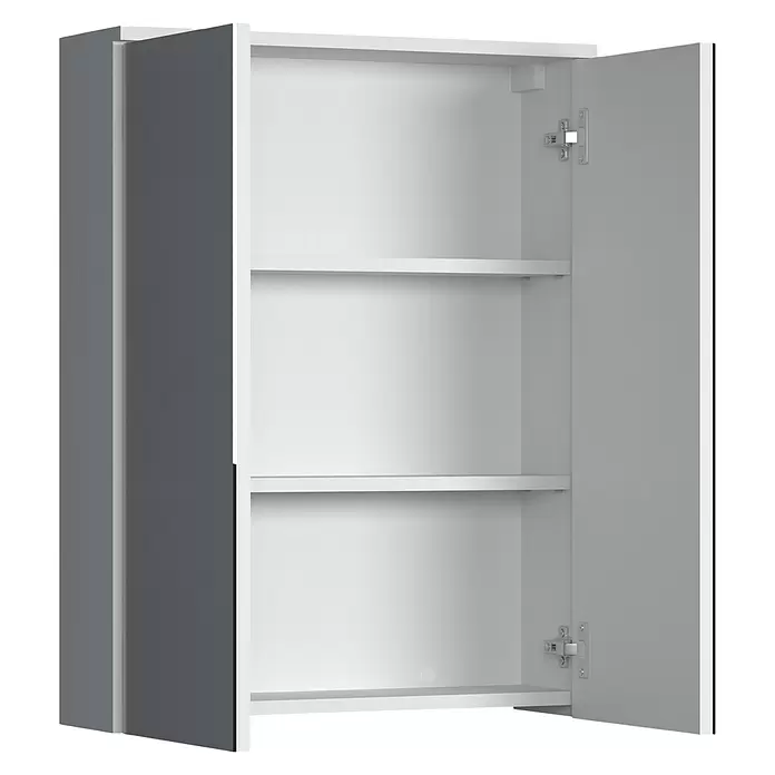 Trendteam Wons Spiegelschrank - B x H: 60 x 78 cm, Ohne Beleuchtung, Holz, Weiß - Geöffneter Wandschrank mit weißem Innenraum, zwei Regalböden und grauer Tür.