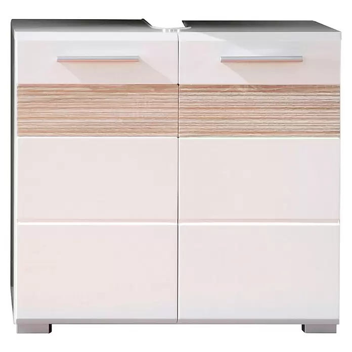 Trendteam Mezzo Waschtischunterschrank - 60 x 34 x 56 cm, Weiß/Eiche Sägerau hell, Glänzend - Weißer Zweitürer-Schrank mit zwei Schubladen, heller Holzstreifen und silbernen Griffen.