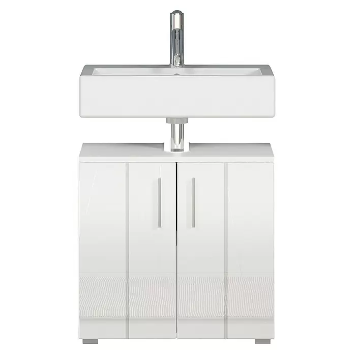 Trendteam Wons Waschtischunterschrank - 60 x 34 x 58 cm, Weiß, Glänzend - Weißer Waschtisch mit integriertem Waschbecken und Chromarmatur. Schranktüren mit subtiler Wellenstruktur.