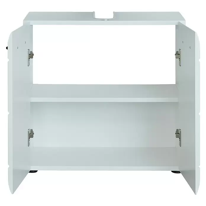Trendteam Skin Waschtischunterschrank - 60 x 31 x 56 cm, Weiß, Glänzend - Weißer Schrank mit zwei geöffneten Türen und einem Innenregal.