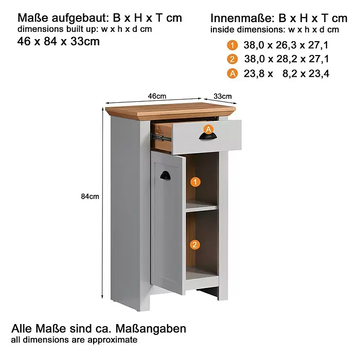 Trendteam Landside Bad-Beistellschrank - B x T x H: 46 x 33 x 84 cm, Lichtgrau/Artisan Eiche - Grauer Schrank mit Holzplatte, einer Schublade und zwei Innenregalen; Maße angegeben.