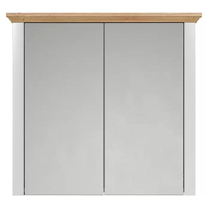 Trendteam Landside Spiegelschrank - B x H: 78 x 73 cm, Ohne Beleuchtung, Holz, Lichtgrau/Artisan Eiche - Wandschrank mit zwei hellgrauen Türen und einer Holzplatte.