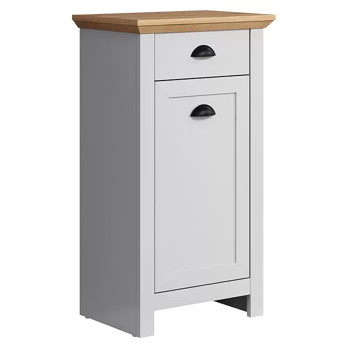 Trendteam Landside Bad-Beistellschrank - B x T x H: 46 x 33 x 84 cm, Lichtgrau/Artisan Eiche - Weißer schmaler Schrank mit heller Holzplatte, einer Schublade und einer Tür, beide mit schwarzen Griffen.