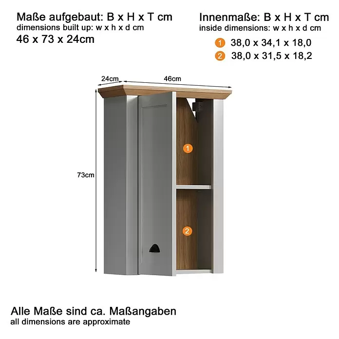 Trendteam Landside Hängeschrank - 46 x 24 x 73 cm, Lichtgrau/Artisan Eiche - Grauer Wandschrank mit Holzplatte, offene Fächer mit Holzrückwand sichtbar.