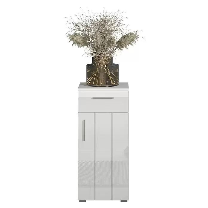 Trendteam Wons Unterschrank - 37 x 31 x 83 cm, Weiß - Weißer Hochglanzschrank mit einer Schublade und zweitürigem Unterschrank, darauf eine Glasvase mit getrocknetem Pampasgras.