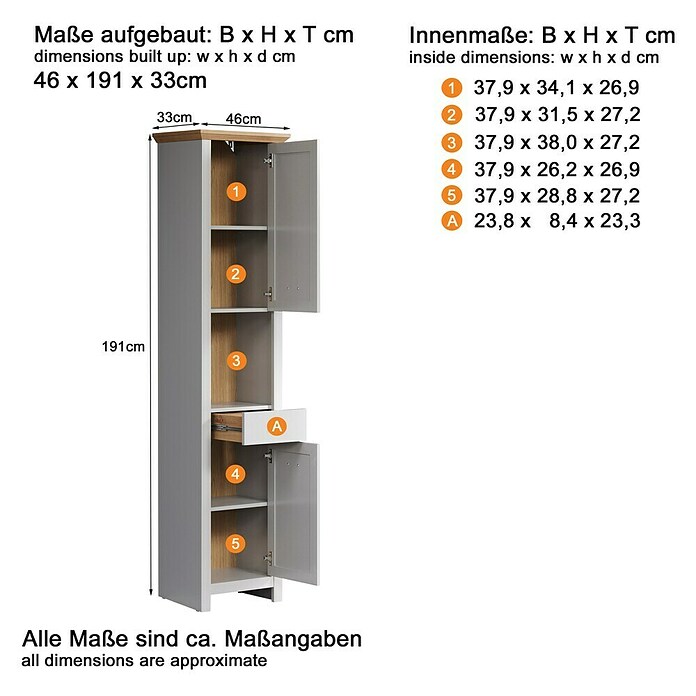 Trendteam Landside Hochschrank (46 x 33 x 191 cm, Lichtgrau/Artisan Eiche) | BAUHAUS