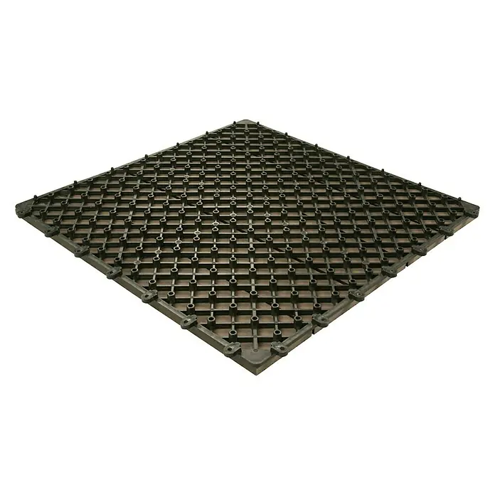 Dioco Loseta con sistema click - WPC, 50 x 50 x 2,5 cm, 1 ud., Marrón - Baldosa de suelo negra con un patrón de rejilla. La baldosa es cuadrada y tiene pequeños agujeros en los lados para su fijación.