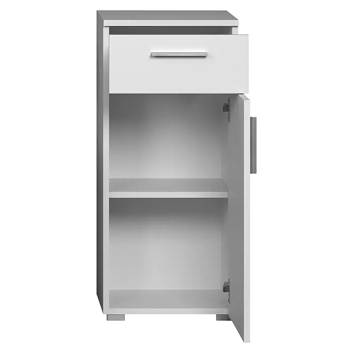 Trendteam Wons Unterschrank - 37 x 31 x 83 cm, Weiß - Weißer Hochschrank mit einer oberen Schublade und geöffneter Tür, die ein Regal zeigt.