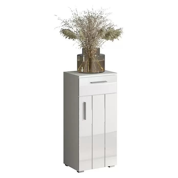 Trendteam Wons Unterschrank - 37 x 31 x 83 cm, Weiß - Weißer Hochglanzschrank mit Schublade und zwei Türen, verziert mit einer Glasvase voller getrocknetem Pampasgras.