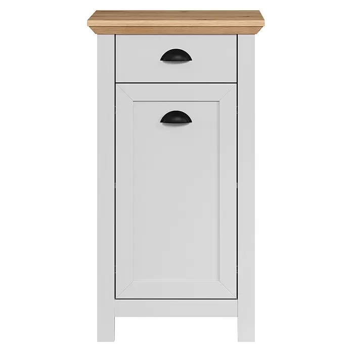 Trendteam Landside Bad-Beistellschrank - B x T x H: 46 x 33 x 84 cm, Lichtgrau/Artisan Eiche - Weißer Schrank mit heller Holzplatte und zwei schwarzen Muschelgriffen.