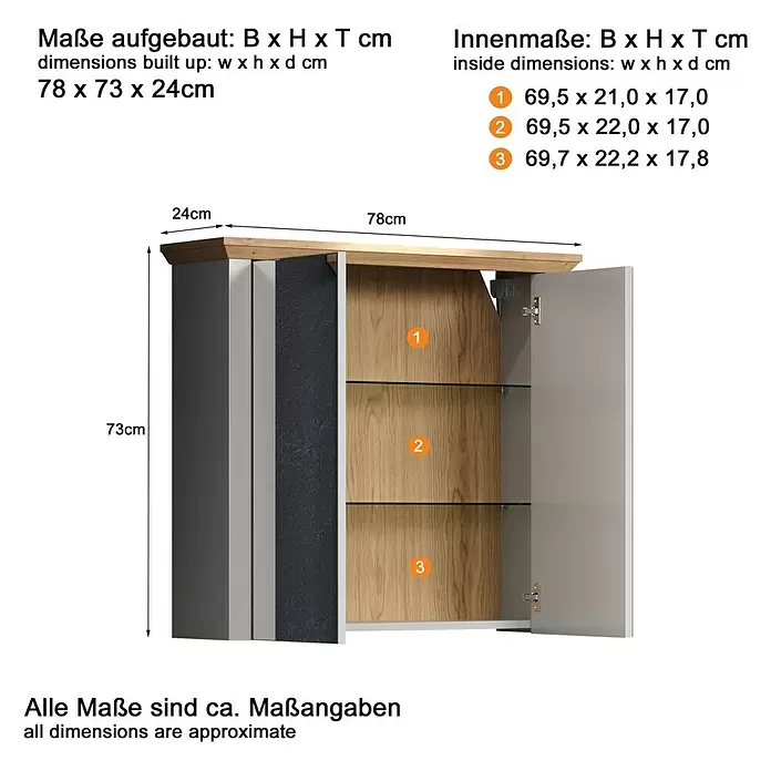 Trendteam Landside Spiegelschrank - B x H: 78 x 73 cm, Ohne Beleuchtung, Holz, Lichtgrau/Artisan Eiche - Grauer Wandschrank mit Holzoptik-Innenseite und drei Glasböden. Außenmaße: 78x73x24cm (BxHxT).