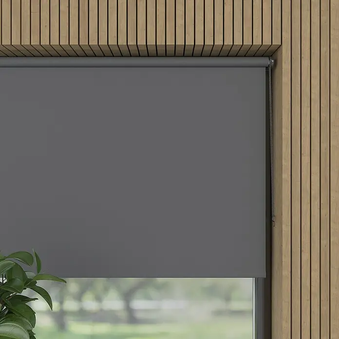 Verdunkelungsrollo Mini Colormatch - B x H: 80 x 150 cm, Anthrazit - Graue Rollos im Fenster mit Holzrahmen. Das Rollo bietet Privatsphäre und Sonnenschutz mit stilvollem Design.