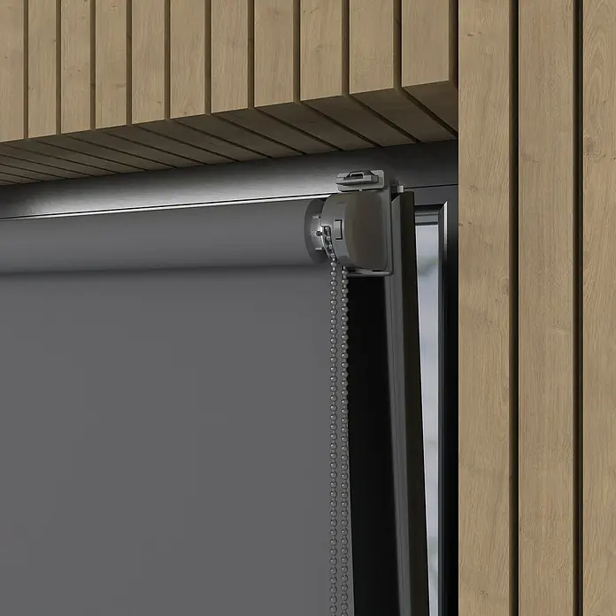 Verdunkelungsrollo Mini Colormatch - B x H: 80 x 150 cm, Anthrazit - Graue Rollos mit Kettenzug und Holzverkleidung. Ein stilvoller Sichtschutz für moderne Räume.