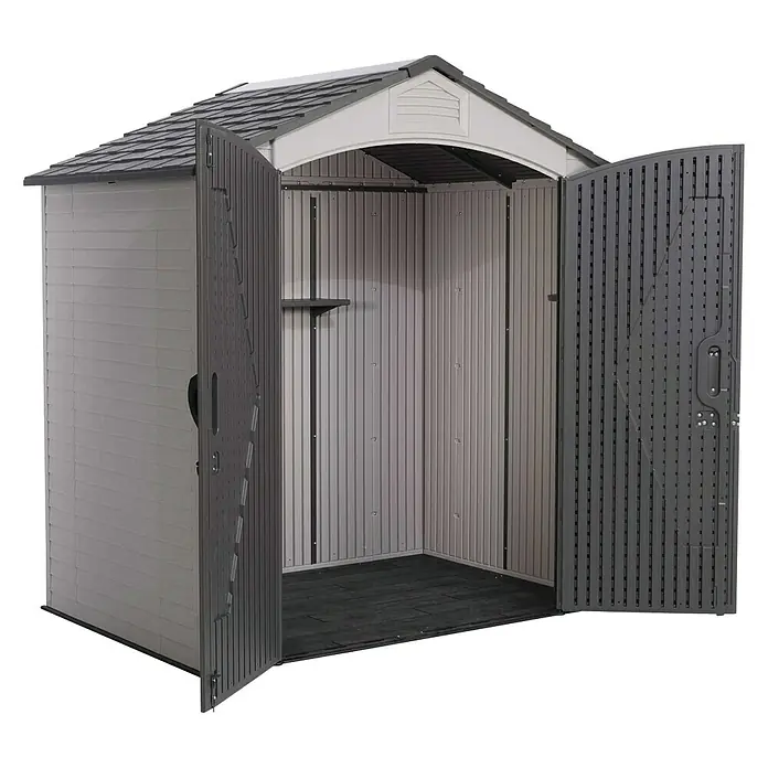 Lifetime Gerätehaus Starlet - 215 cm, 140 cm, Kunststoff, Anthrazit/Grau - Ein geräumiges Gartenhaus mit geöffneten Türen, das einen Blick auf das Innere mit Regalen und einer dunklen Bodenfläche freigibt.
