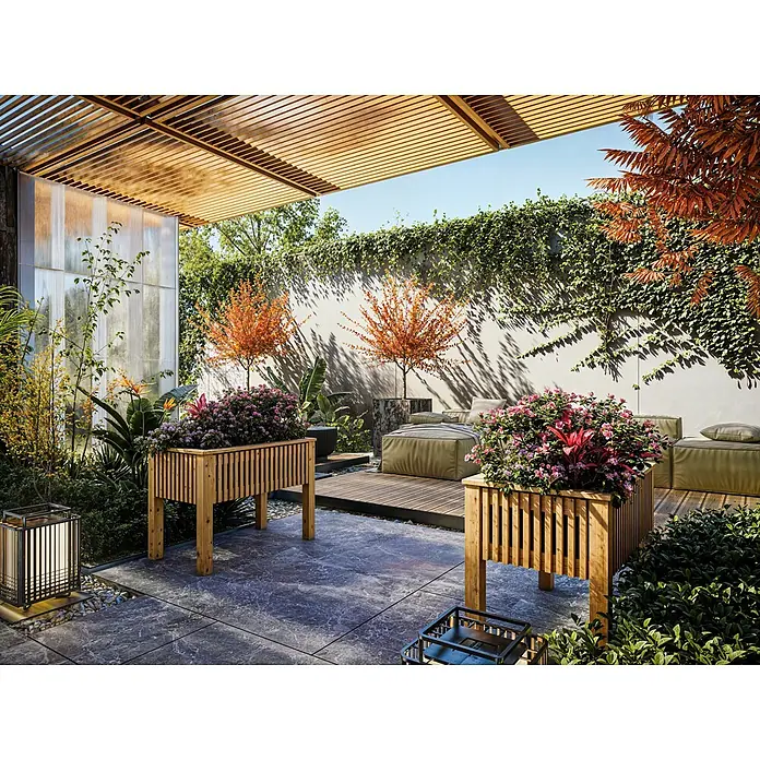 Regalboden York - L x B x H: 90 x 50 x 7 cm - Gartenambiente mit hochgesetzten Pflanzkästen aus Holz, blühenden Pflanzen und stilvoller Außenbeleuchtung für eine entspannende Atmosphäre.