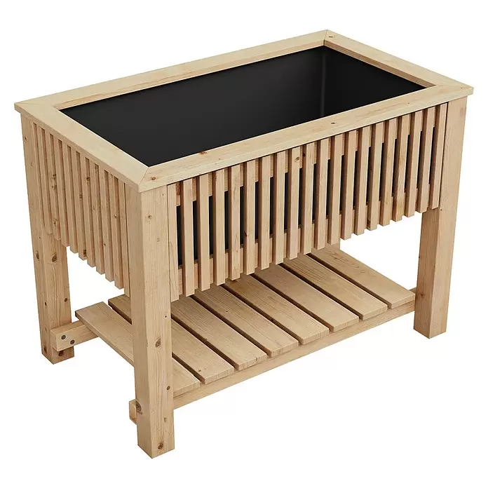 Regalboden York - L x B x H: 90 x 50 x 7 cm - Rechteckiges Hochbeet aus Holz mit schwarzer Einlage, Seitenwänden aus Latten und einer unteren Ablagefläche.