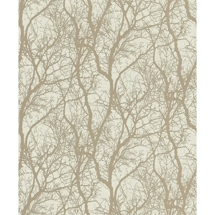 Rasch Tapetenwechsel Vliestapete Äste - Beige/Bronze, Floral, 10,05 x 0,53 m - Beige Tapete mit einem feinen Textilmuster und darauf ein Baum-Motiv in sanften Brauntönen für eine natürliche Wandgestaltung.