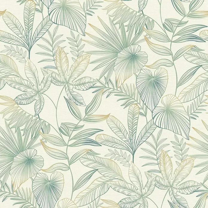 Rasch Country Charme Vliestapete Blätter - Hellgrün, Floral, 10,05 x 0,53 m - Elegantes botanisches Muster mit detaillierten Konturen und natürlichen Farbtönen, ideal für stilvolle Wanddekorationen.
