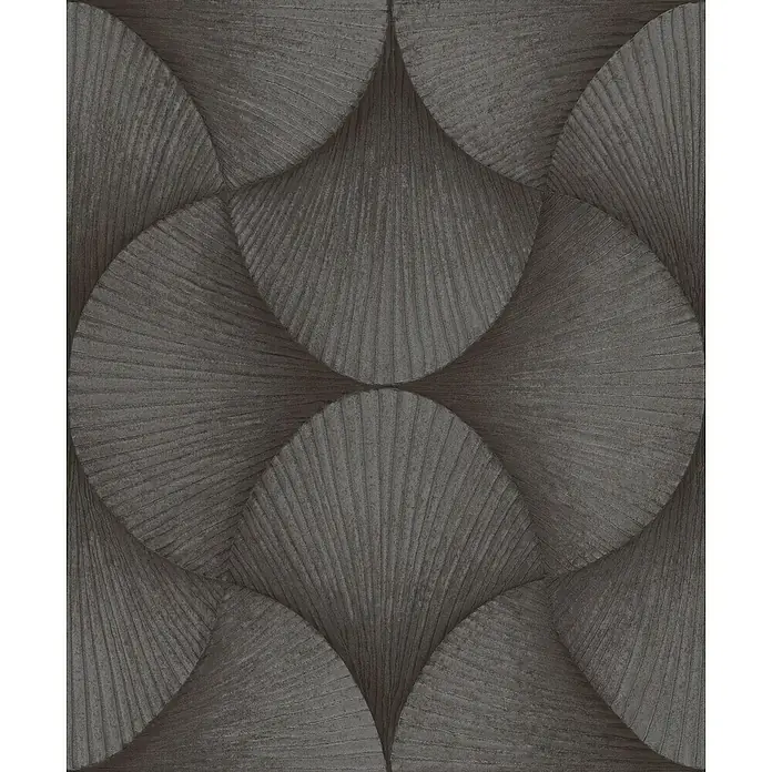 Rasch Sky Lounge Vliestapete Grafik groß - Graubraun, Grafisch, 10,05 x 0,53 m - Nahaufnahme eines grauen Tapetenmusters mit einem überlappenden Kreis- und Fächerdesign, das eine Textur und Tiefe zeigt.
