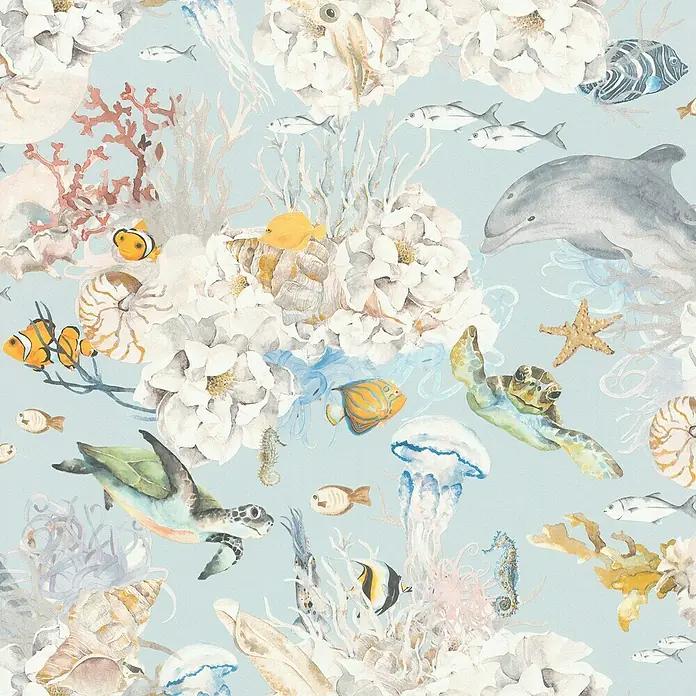 Rasch Kids World Vliestapete Fische - Hellblau, Tieroptik, 10,05 x 0,53 m - Aquarell-Meeresmuster mit Delfinen, Schildkröten, Fischen, Quallen, Korallen und Blumen auf hellblauem Hintergrund für Stoffe und Dekorationen.