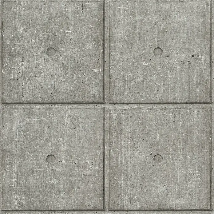 Rasch Factory V Vliestapete Zementfliese - Concrete, Steinoptik, 10,05 x 0,53 m - Nahaufnahme von vier grauen quadratischen Betonplatten mit Löchern in der Mitte, die eine robuste und industrielle Ästhetik vermitteln.
