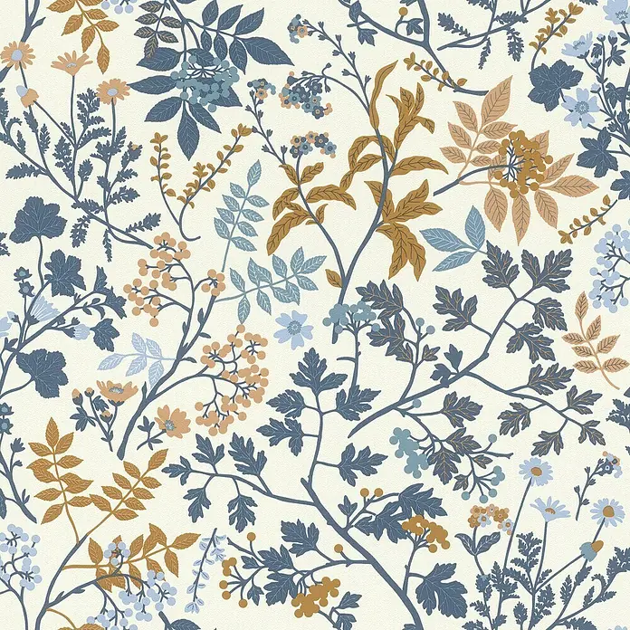 Rasch Symphony Vliestapete Zweige - Dunkelblau, Floral, 10,05 x 0,53 m - Ein florales Muster mit blauen und braunen Blättern und Beeren auf einem cremefarbenen Hintergrund.