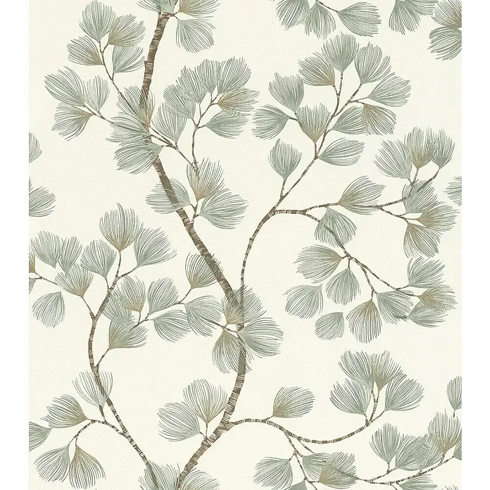 Rasch Symphony Vliestapete Blätter - Moosgrün, Floral, 10,05 x 0,53 m - Elegante Tapete mit einem zarten Muster von stilisierten Kiefernzweigen in sanften Grau- und Brauntönen, die eine ruhige und natürliche Atmosphäre schafft.