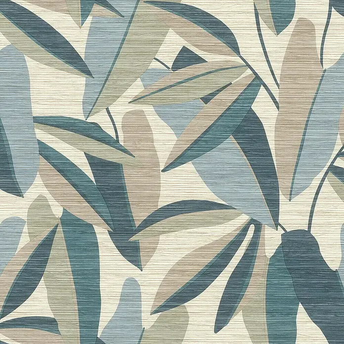 Rasch Symphony Vliestapete Blätter stilisiert - Dunkelblau, Floral, 10,05 x 0,53 m - Ein nahtloses Muster mit stilisierten Blättern in Blau-, Grün- und Beigetönen auf einem strukturierten Hintergrund.