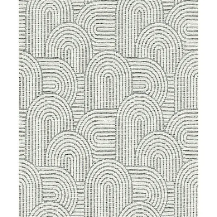 Rasch Color your life Vliestapete Retro - Graubeige, Grafisch, 10,05 x 0,53 m - Abstrakte Textur mit sich überlappenden, gestreiften Bögen in Grau und Weiß, die ein dynamisches Muster erzeugen.