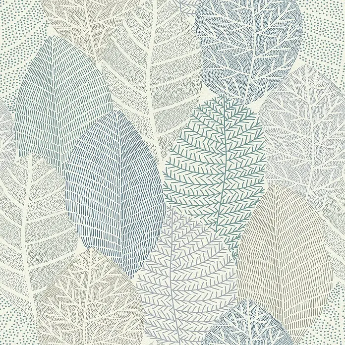 Rasch Symphony Vliestapete Blätter-Allover - Pastelles Hellblau, Floral, 10,05 x 0,53 m - Abstraktes Blätter-Muster-Design mit verschiedenen Texturen und sanften Farbtönen, ideal für moderne Wandgestaltung.