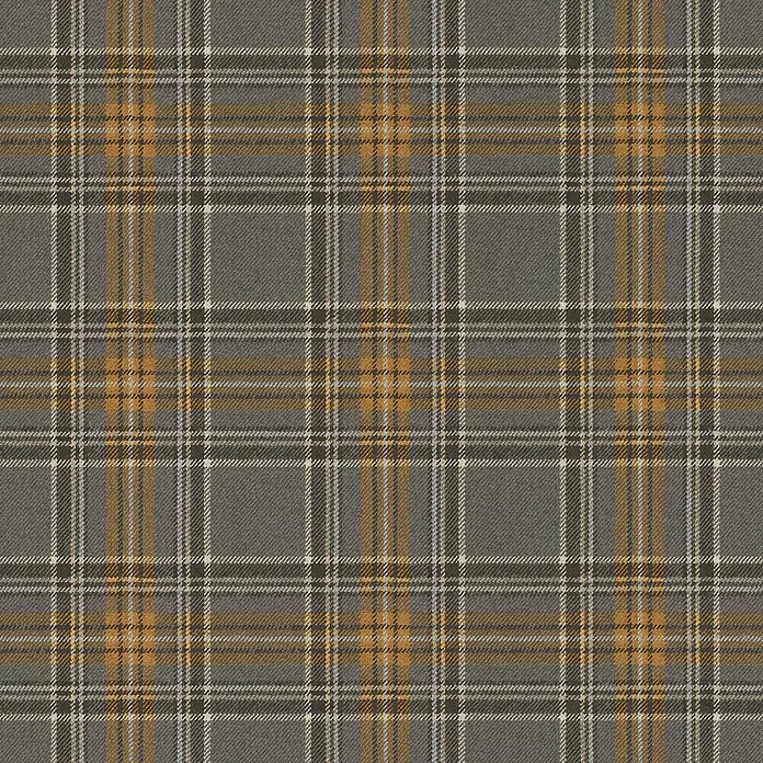 Rasch Curiosity Vliestapete Karomuster - Dunkelgrau, Grafisch, 10,05 x 0,53 m - Abbildung eines Stoffes mit einem klassischen Karomuster in Grau-, Gelb- und Weißtönen, ideal für traditionelle Designs.