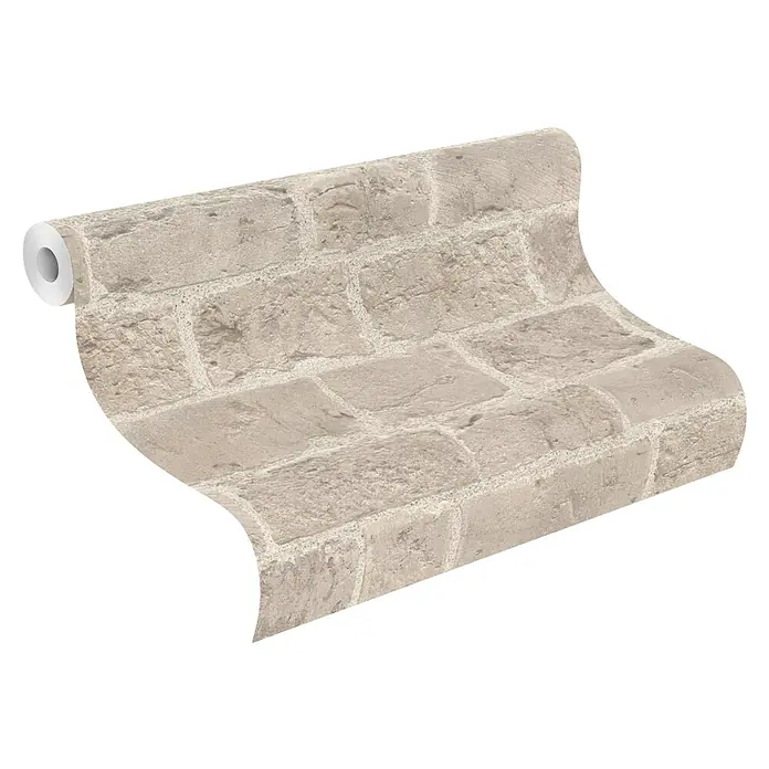 Rasch Symphony Vliestapete Backstein - Dunkelbeige, Steinoptik, 10,05 x 0,53 m - Das Bild zeigt eine Rolle hochwertige Mauerwerk-Tapete mit einem realistischen Steineffekt, ideal für die Wandgestaltung im Innenbereich.