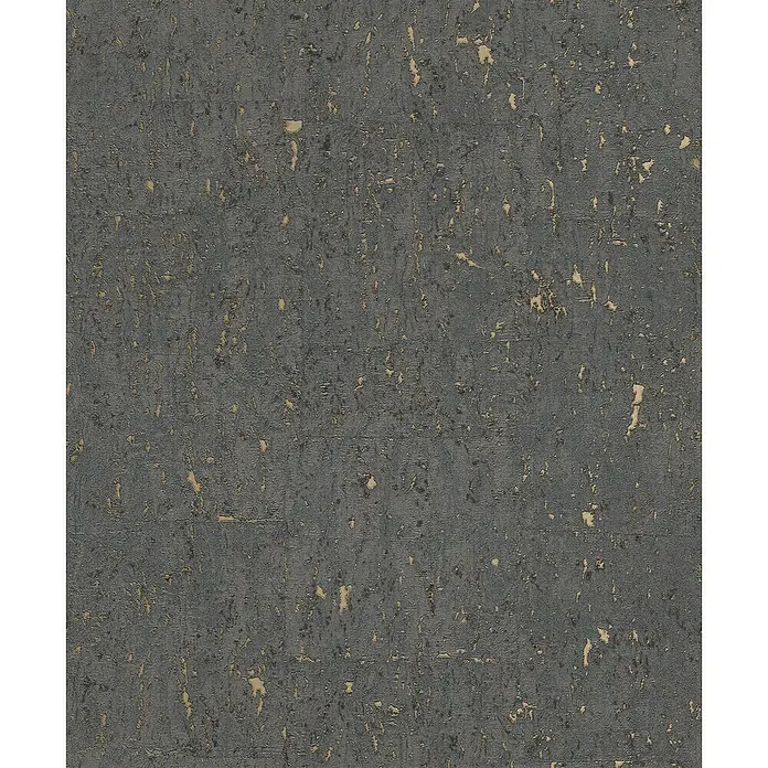 Rasch Curiosity Vliestapete Kork-Optik - Offblack, Steinoptik, 10,05 x 0,53 m - Strukturierte Nahaufnahme eines dunklen Korkplatten-Dekors mit subtilen goldenen Akzenten, ideal für moderne Innenräume.