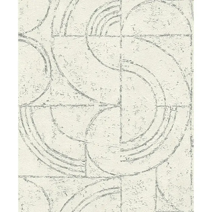 Rasch Welcome home Vliestapete Grafik - Cremeweiß, Grafisch, 10,05 x 0,53 m - Abstraktes Tapetenmuster mit Kreisen und Linien in Grau auf beigem Grund. Elegantes Design für moderne Innenräume.