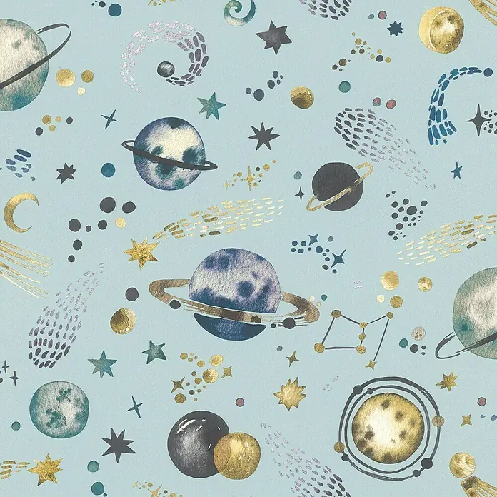 Rasch Kids World Vliestapete Weltall - Hellblau, Sonstiges, 10,05 x 0,53 m - Muster mit Planeten, Sternen und Himmelskörpern auf hellblauem Grund, ideal für Kinderzimmer oder als fantasievolles Geschenkpapier.